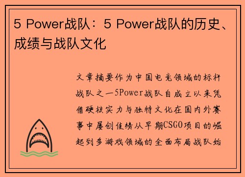5 Power战队：5 Power战队的历史、成绩与战队文化