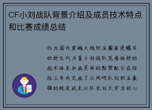 CF小刘战队背景介绍及成员技术特点和比赛成绩总结